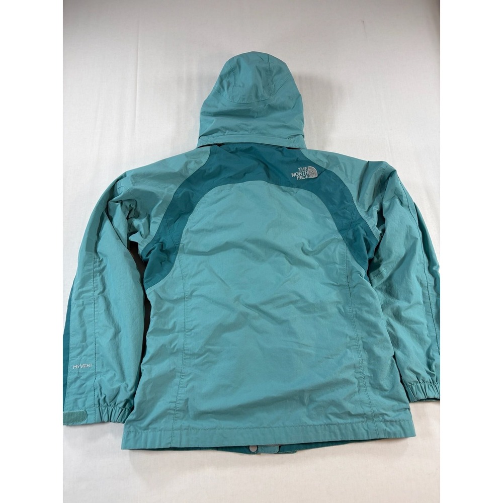 The North Face Girls L HyVent Rain Jacket Teal Turquoise Hooded Full Zip Shell - Picture 9 of 11